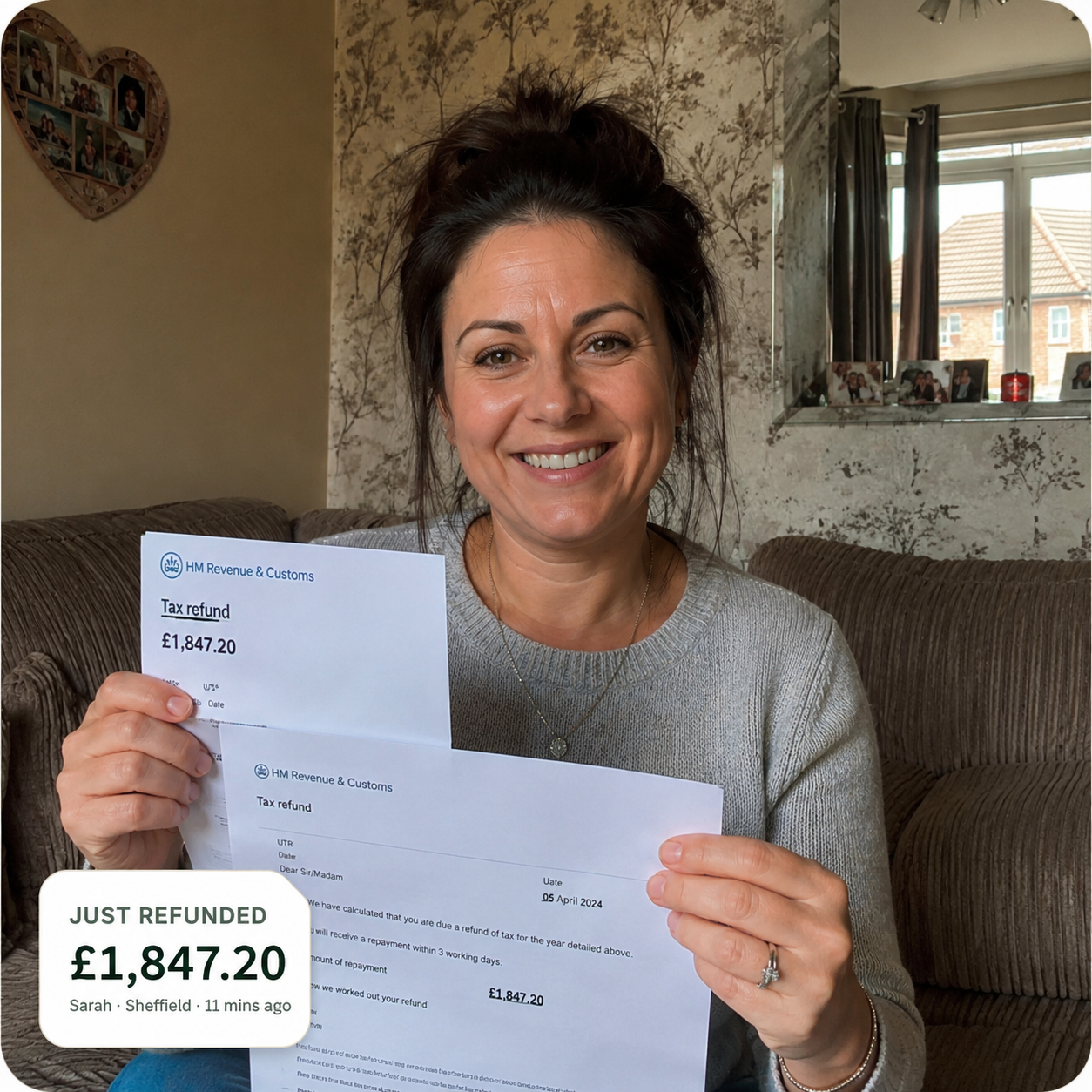 UK customer holding her HMRC tax refund cheque